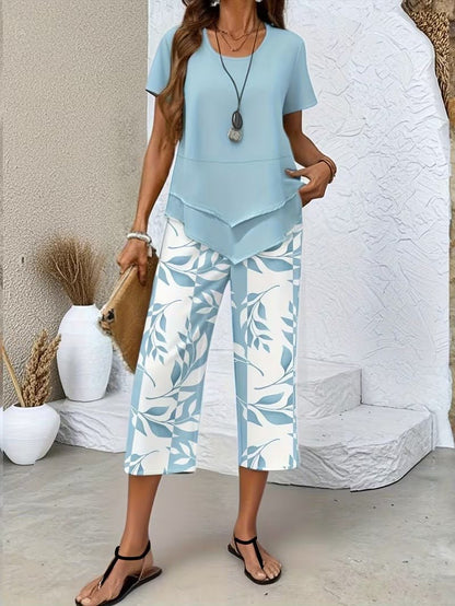 Effortless Floral Wide Leg Set for Women with V Neck Short Sleeve Relaxed Two Piece Style