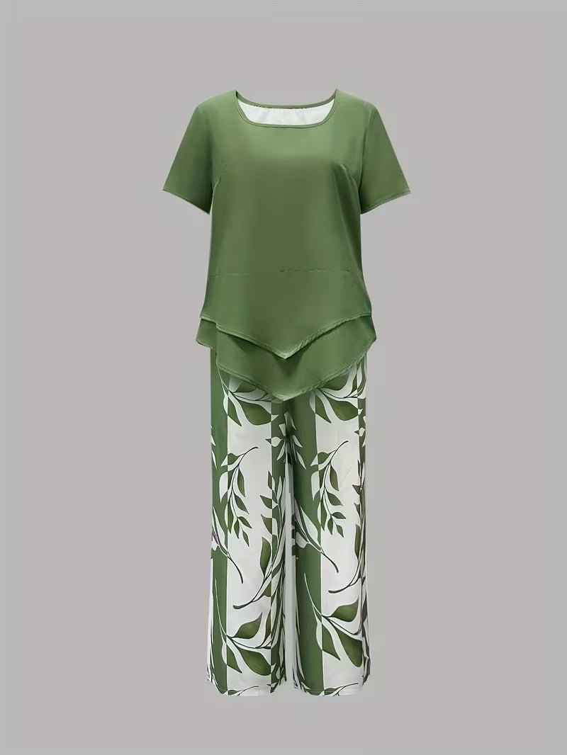 Effortless Floral Wide Leg Set for Women with V Neck Short Sleeve Relaxed Two Piece Style