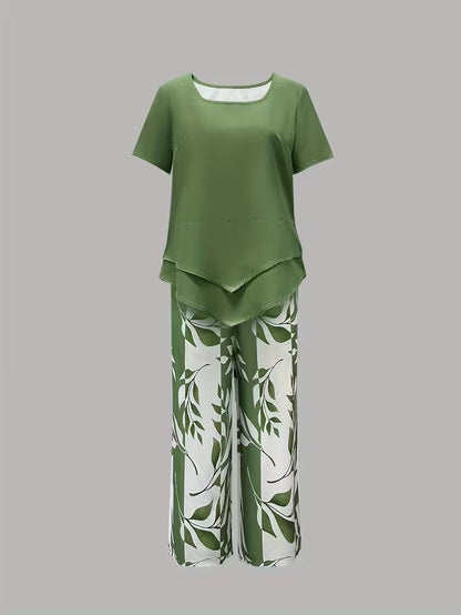 Effortless Floral Wide Leg Set for Women with V Neck Short Sleeve Relaxed Two Piece Style