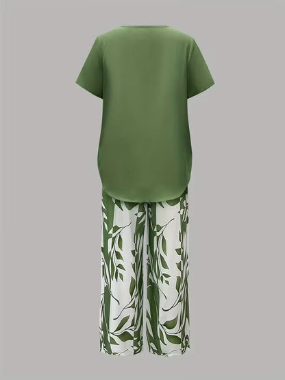 Effortless Floral Wide Leg Set for Women with V Neck Short Sleeve Relaxed Two Piece Style