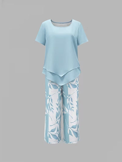 Effortless Floral Wide Leg Set for Women with V Neck Short Sleeve Relaxed Two Piece Style