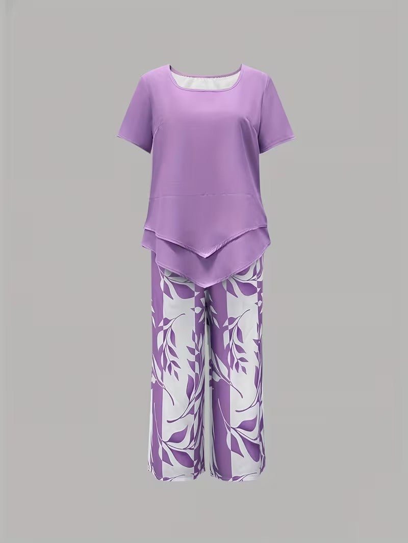 Effortless Floral Wide Leg Set for Women with V Neck Short Sleeve Relaxed Two Piece Style