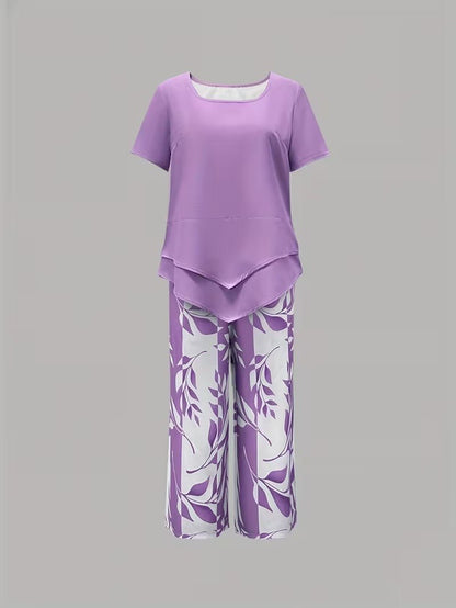 Effortless Floral Wide Leg Set for Women with V Neck Short Sleeve Relaxed Two Piece Style