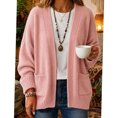 Cozy Knit Cardigan for Women with Open Front Long Sleeve Patch Pocket Relaxed Style