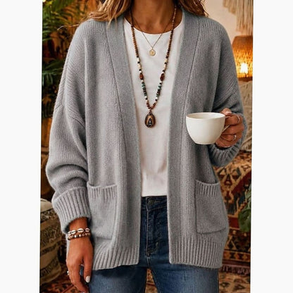 Cozy Knit Cardigan for Women with Open Front Long Sleeve Patch Pocket Relaxed Style