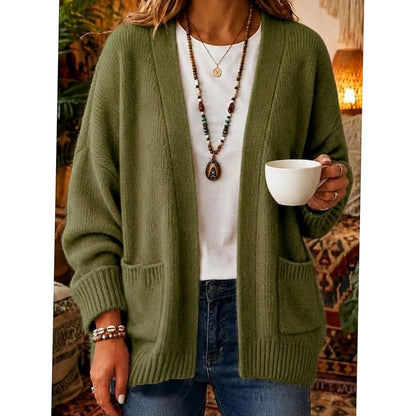 Cozy Knit Cardigan for Women with Open Front Long Sleeve Patch Pocket Relaxed Style