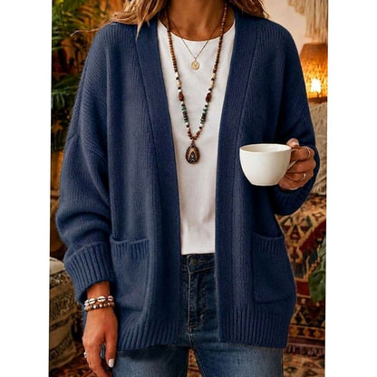 Cozy Knit Cardigan for Women with Open Front Long Sleeve Patch Pocket Relaxed Style