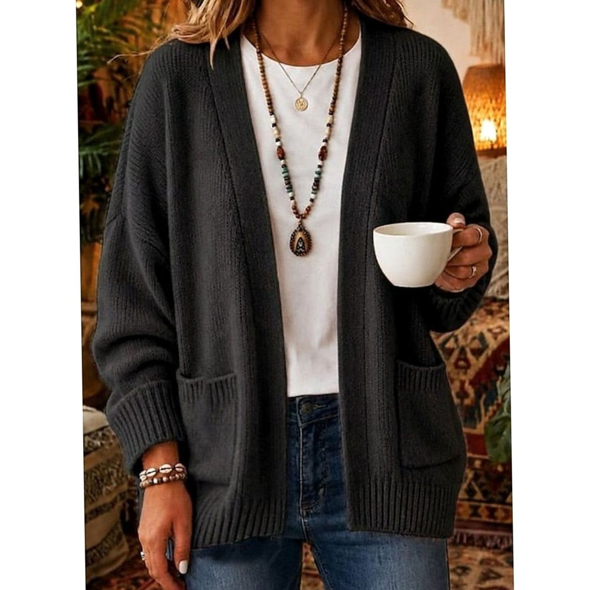 Cozy Knit Cardigan for Women with Open Front Long Sleeve Patch Pocket Relaxed Style