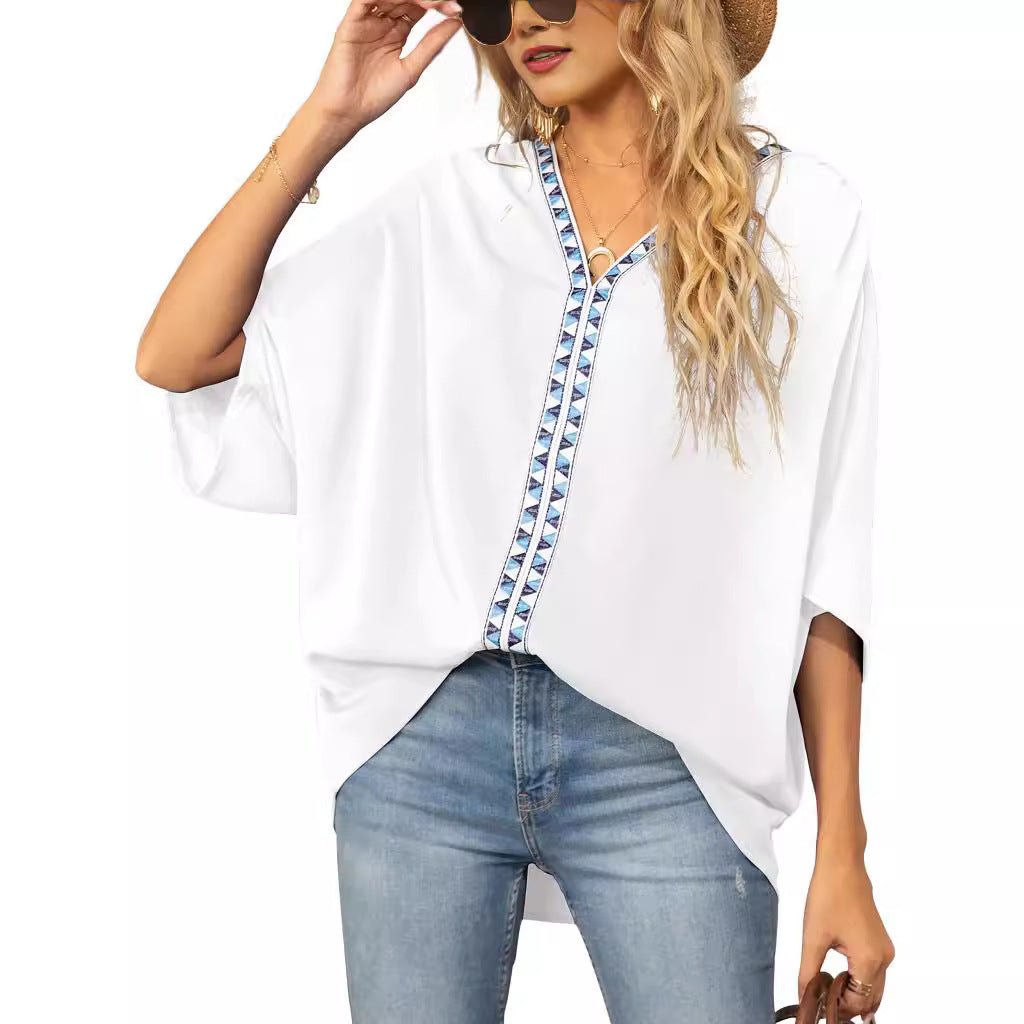 Effortless Tunics for Women with V-Neck Geometric Trim Oversized Boho Style