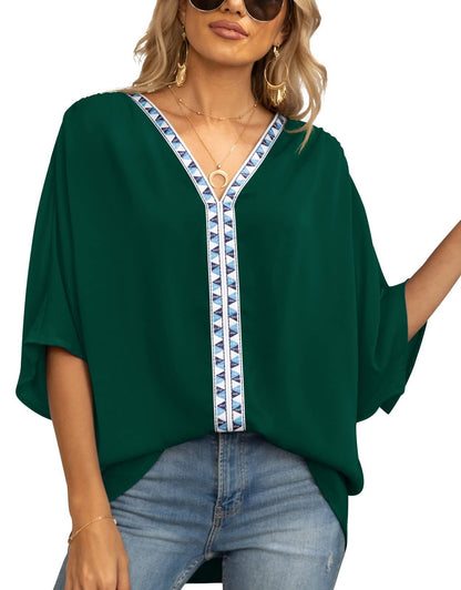 Effortless Tunics for Women with V-Neck Geometric Trim Oversized Boho Style
