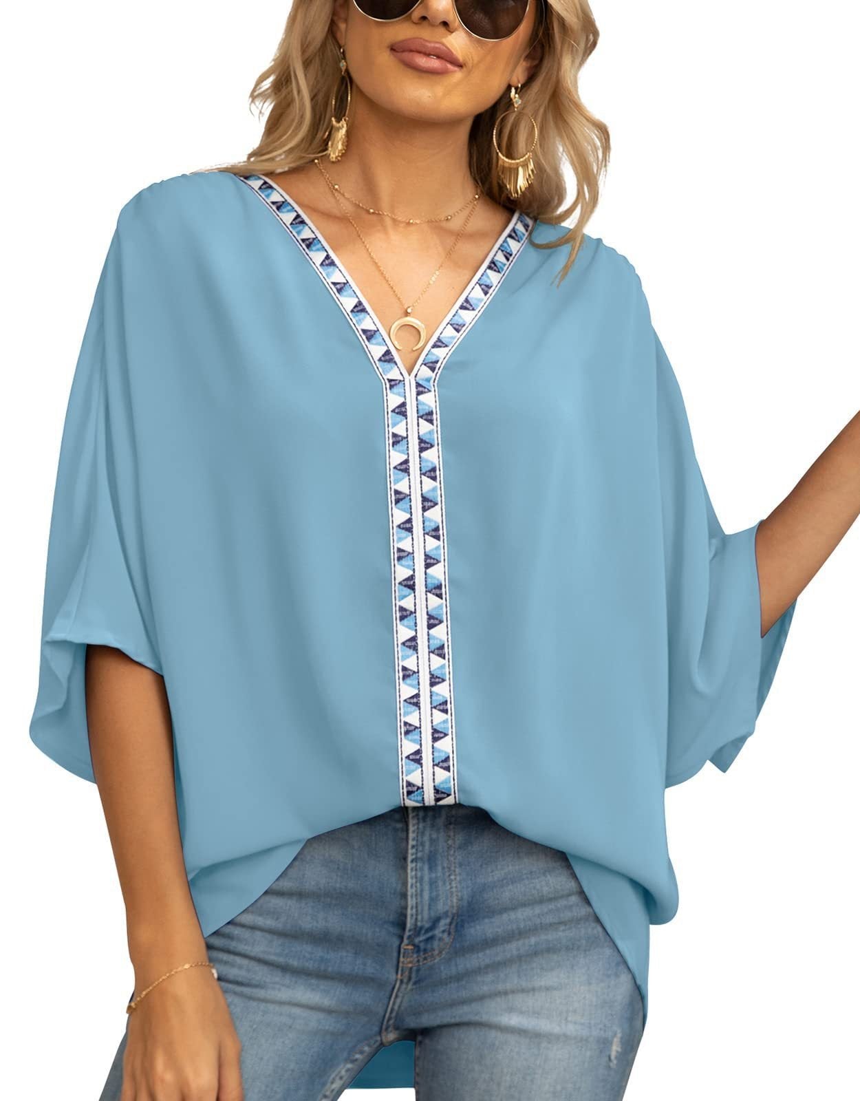 Effortless Tunics for Women with V-Neck Geometric Trim Oversized Boho Style