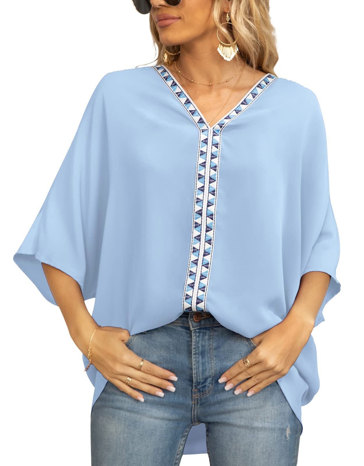 Effortless Tunics for Women with V-Neck Geometric Trim Oversized Boho Style