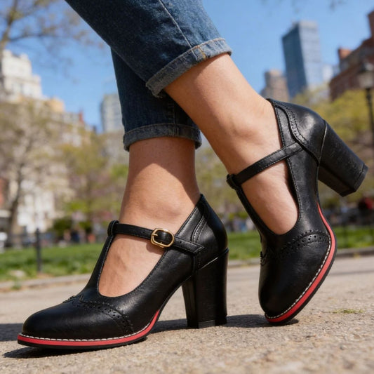 Classic Leather Brogue T-Bar Pumps for Women with Buckle Block Heel Cap Toe Mary Jane Style