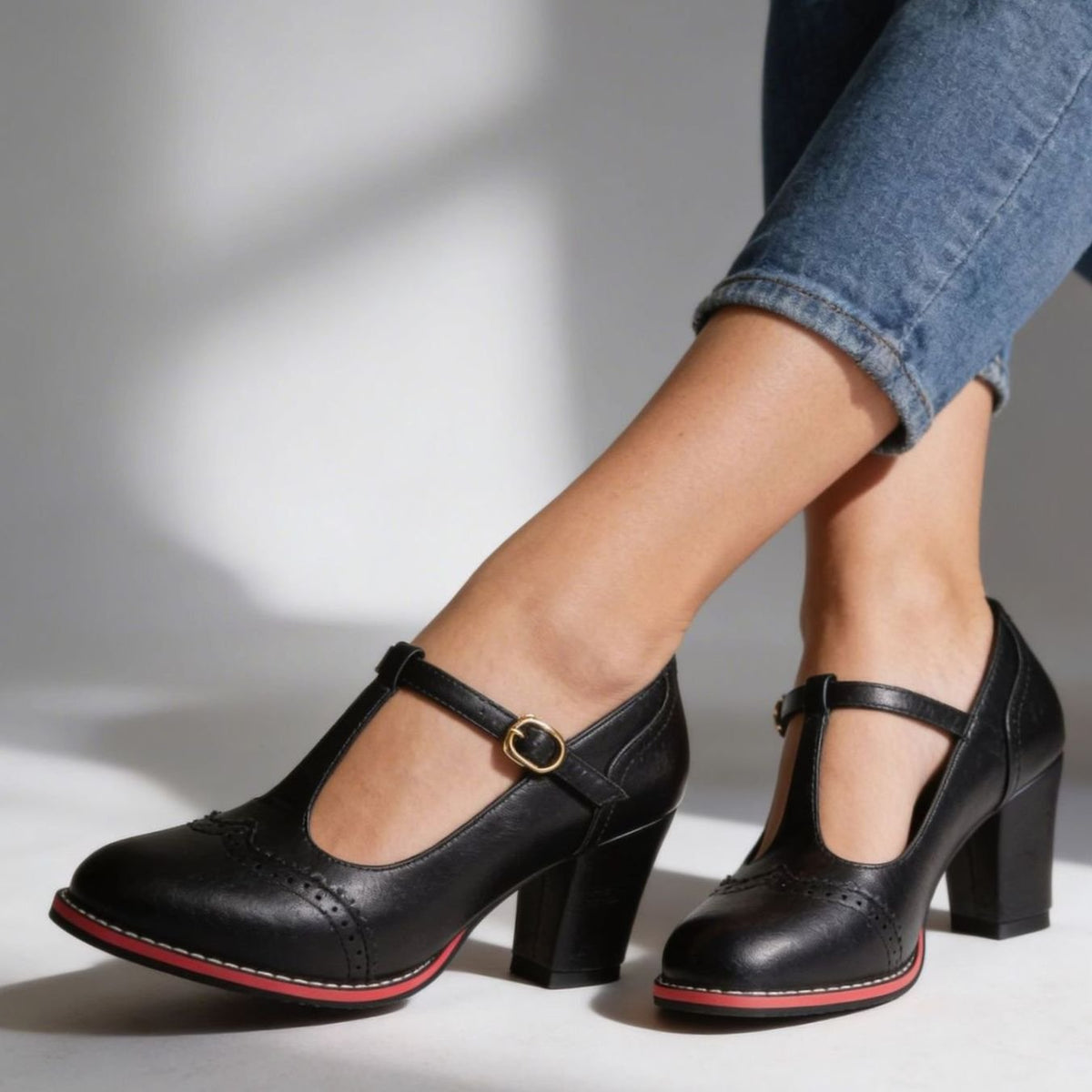 Classic Leather Brogue T-Bar Pumps for Women with Buckle Block Heel Cap Toe Mary Jane Style