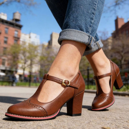 Classic Leather Brogue T-Bar Pumps for Women with Buckle Block Heel Cap Toe Mary Jane Style
