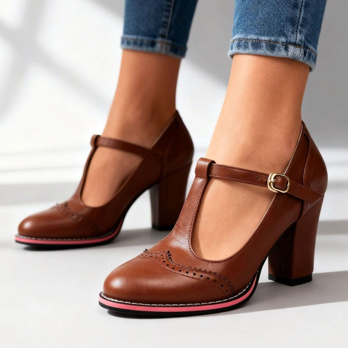 Classic Leather Brogue T-Bar Pumps for Women with Buckle Block Heel Cap Toe Mary Jane Style