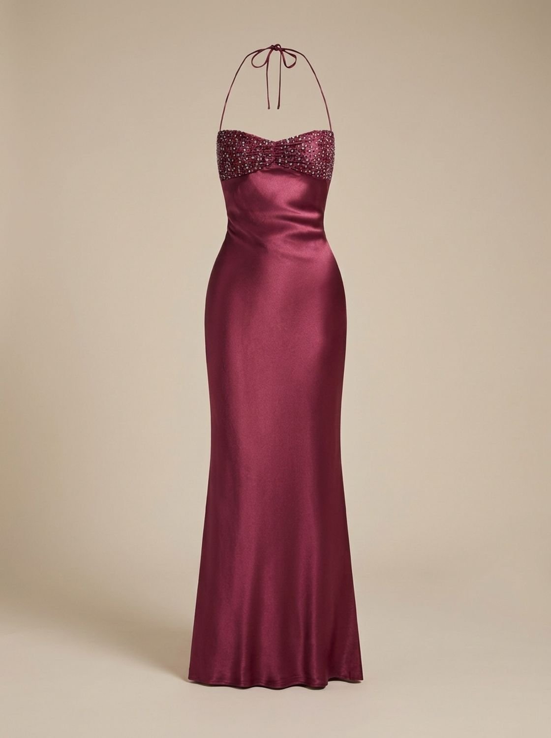 Elegant Formal Wedding Guest Gown for Women with Rhinestone Halter Sweetheart Satin Floor-Length Style
