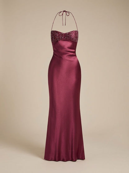 Elegant Formal Wedding Guest Gown for Women with Rhinestone Halter Sweetheart Satin Floor-Length Style