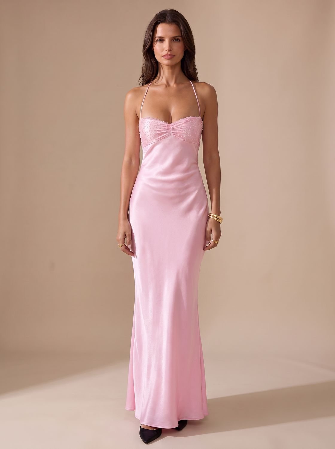 Elegant Formal Wedding Guest Gown for Women with Rhinestone Halter Sweetheart Satin Floor-Length Style