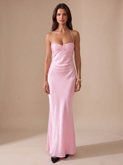 Elegant Formal Wedding Guest Gown for Women with Rhinestone Halter Sweetheart Satin Floor-Length Style