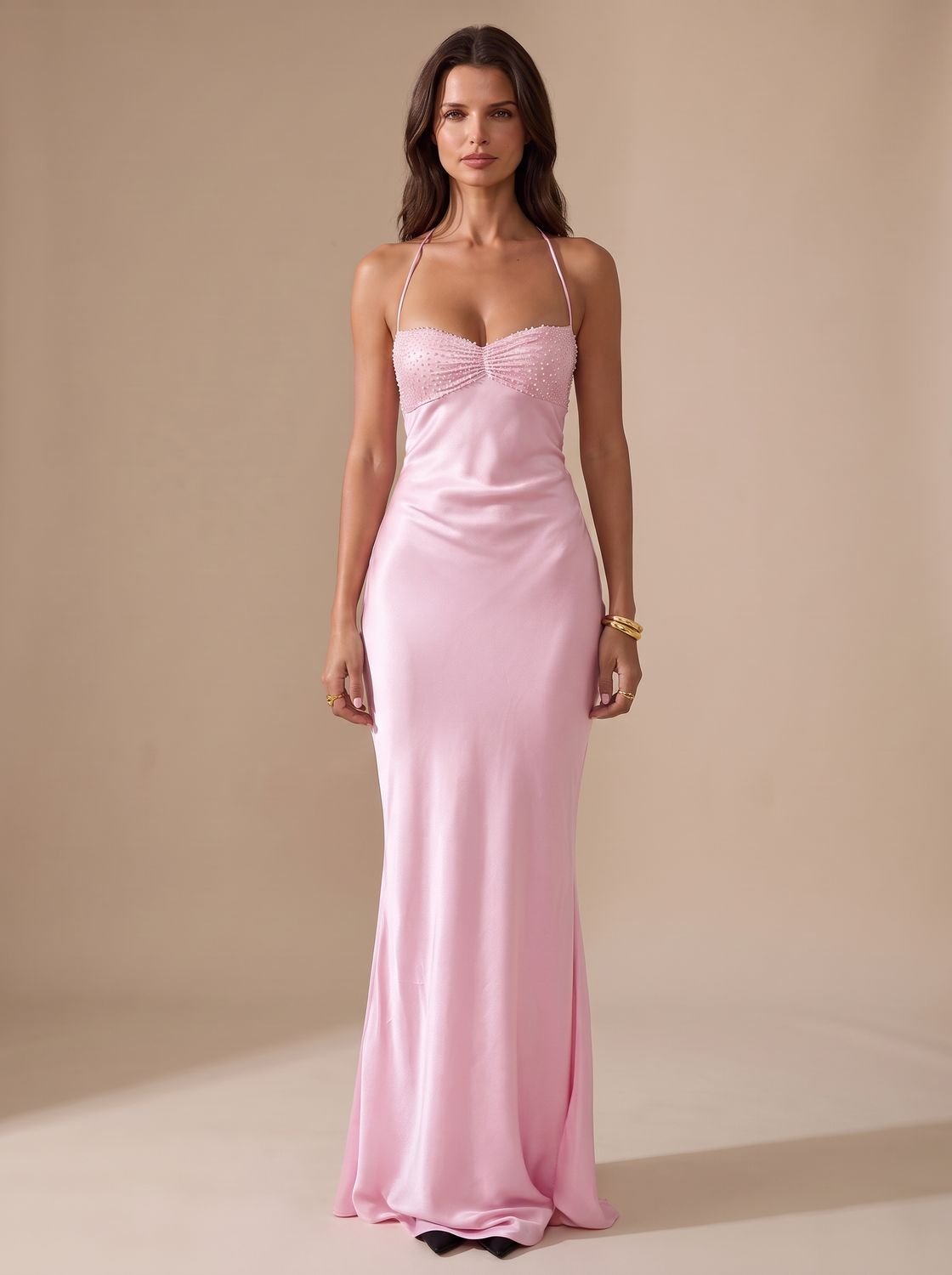 Elegant Formal Wedding Guest Gown for Women with Rhinestone Halter Sweetheart Satin Floor-Length Style