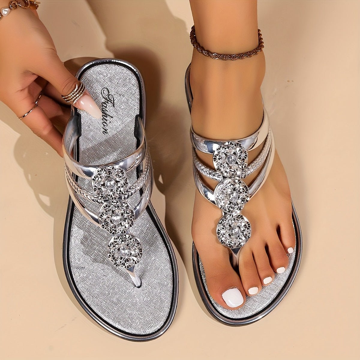 Elegant Sandals for Women with Rhinestone Strap Flip Flop Wedge Style