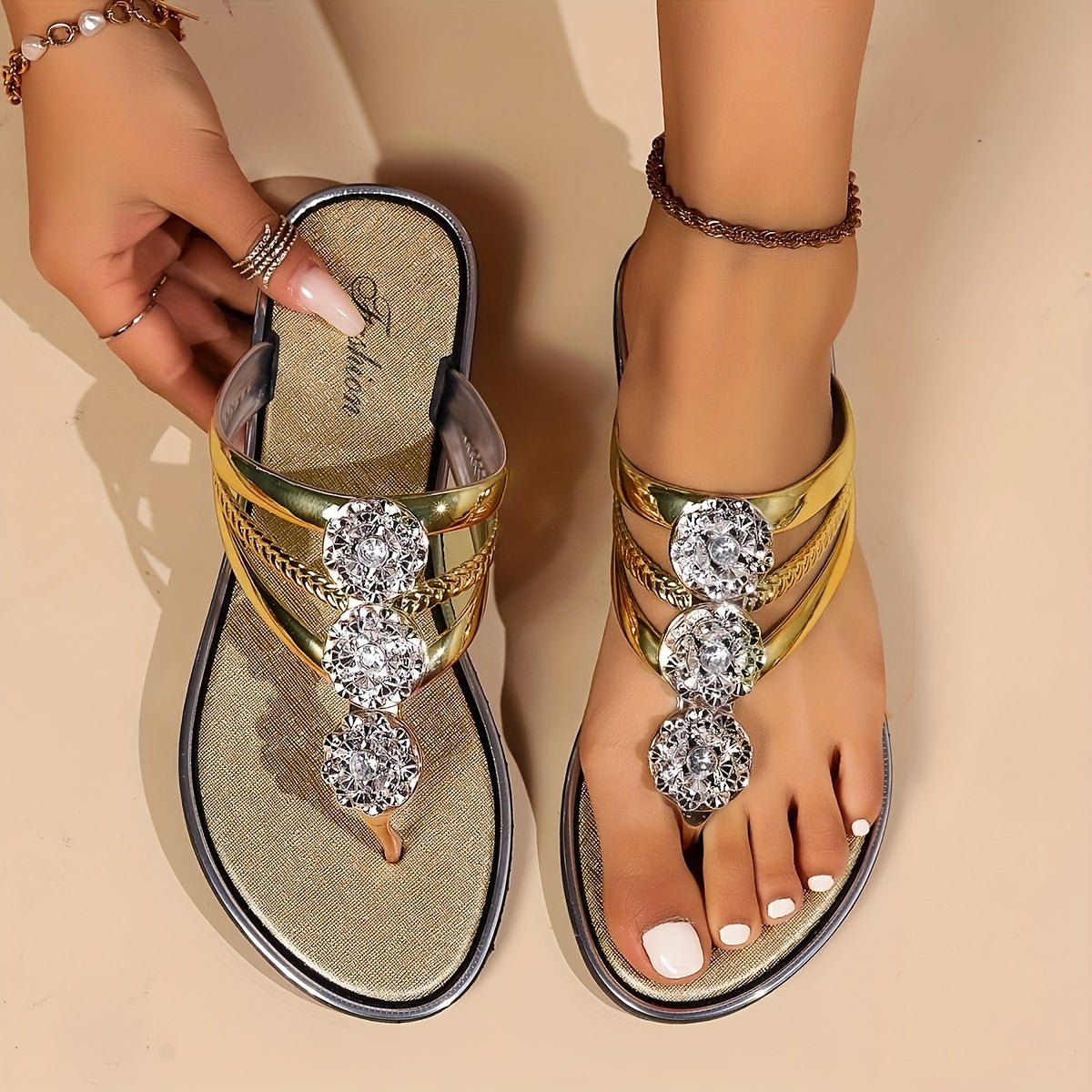 Elegant Sandals for Women with Rhinestone Strap Flip Flop Wedge Style