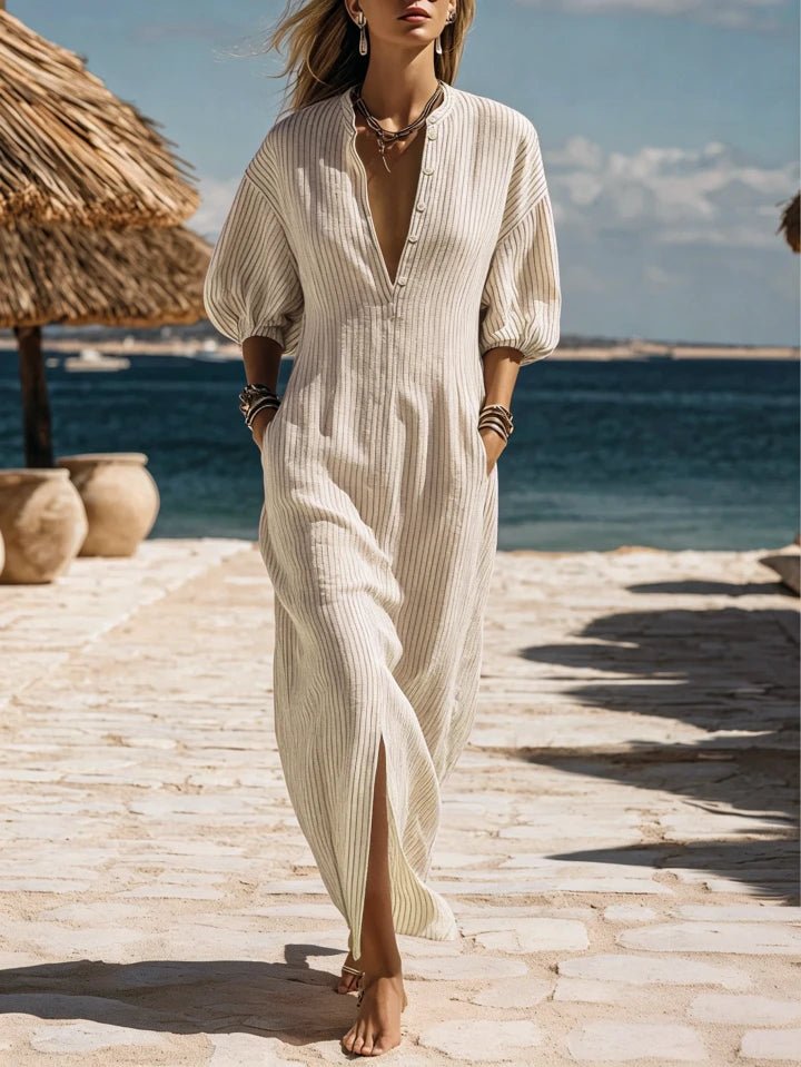 Effortless Maxi Dress for Women with V Neck Puff Sleeve Flowing Vacation Style