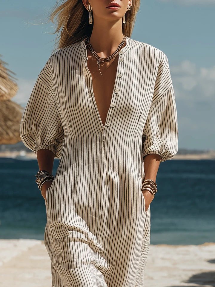 Effortless Maxi Dress for Women with V Neck Puff Sleeve Flowing Vacation Style