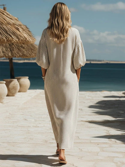 Effortless Maxi Dress for Women with V Neck Puff Sleeve Flowing Vacation Style