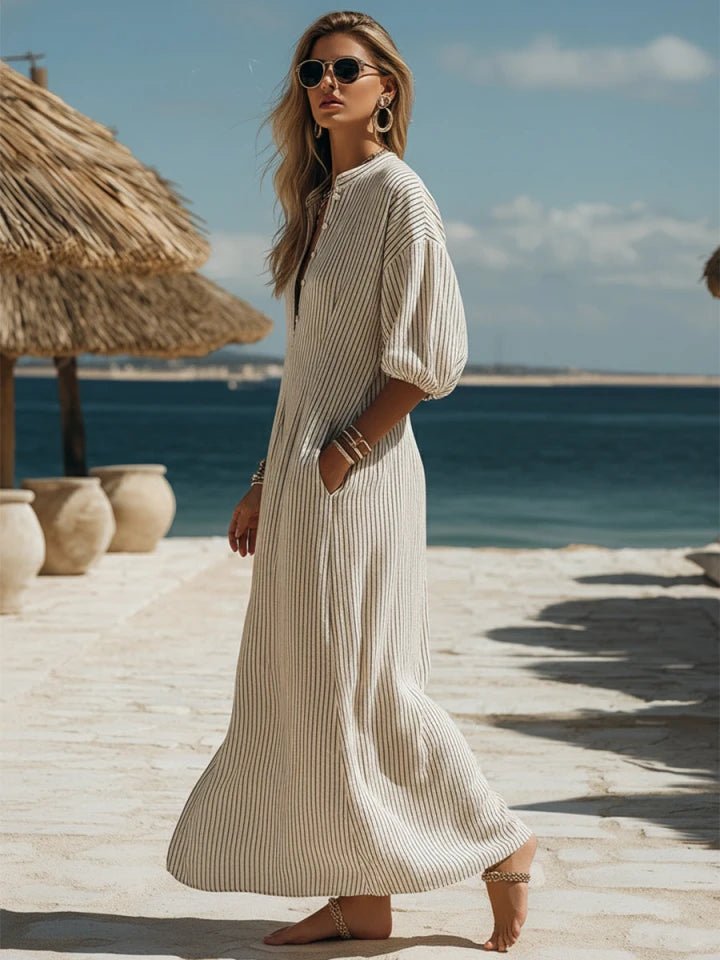 Effortless Maxi Dress for Women with V Neck Puff Sleeve Flowing Vacation Style