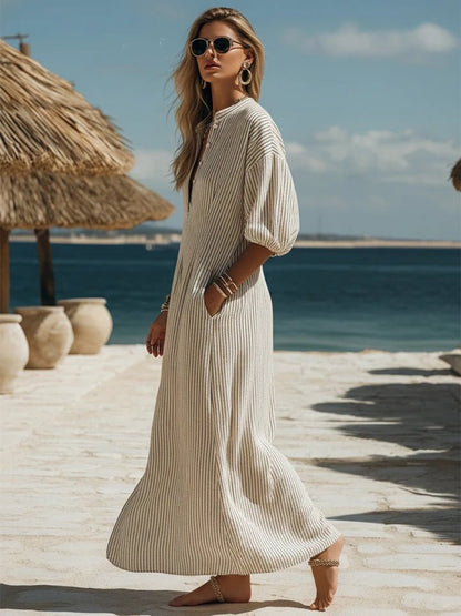 Effortless Maxi Dress for Women with V Neck Puff Sleeve Flowing Vacation Style