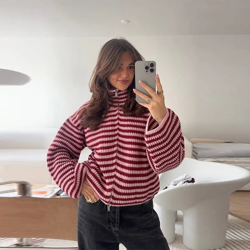 Comfortable Ribbed Cardigan for Women with High Collar Long Sleeve Oversized Zip Front Knit Style