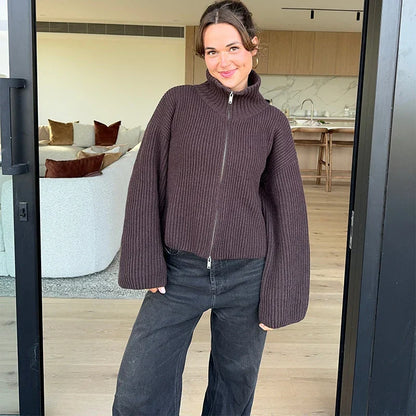 Comfortable Ribbed Cardigan for Women with High Collar Long Sleeve Oversized Zip Front Knit Style