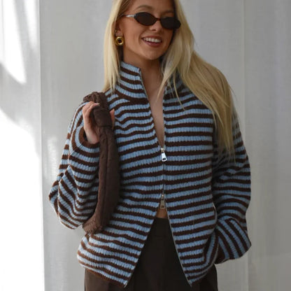 Comfortable Ribbed Cardigan for Women with High Collar Long Sleeve Oversized Zip Front Knit Style