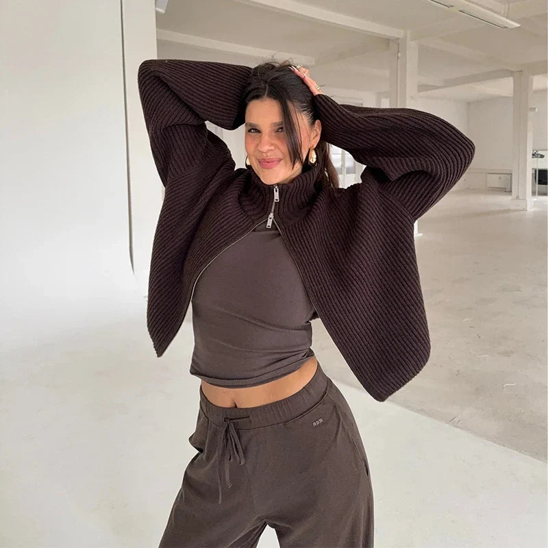 Comfortable Ribbed Cardigan for Women with High Collar Long Sleeve Oversized Zip Front Knit Style