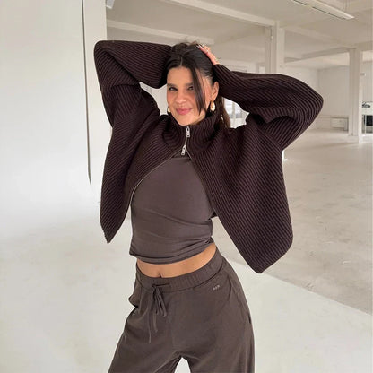 Comfortable Ribbed Cardigan for Women with High Collar Long Sleeve Oversized Zip Front Knit Style
