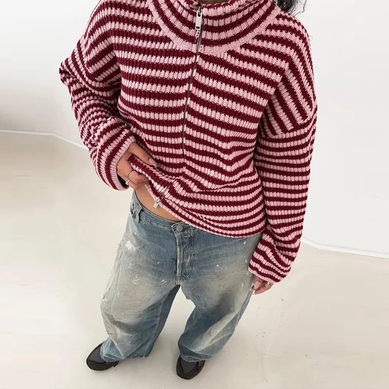 Comfortable Ribbed Cardigan for Women with High Collar Long Sleeve Oversized Zip Front Knit Style