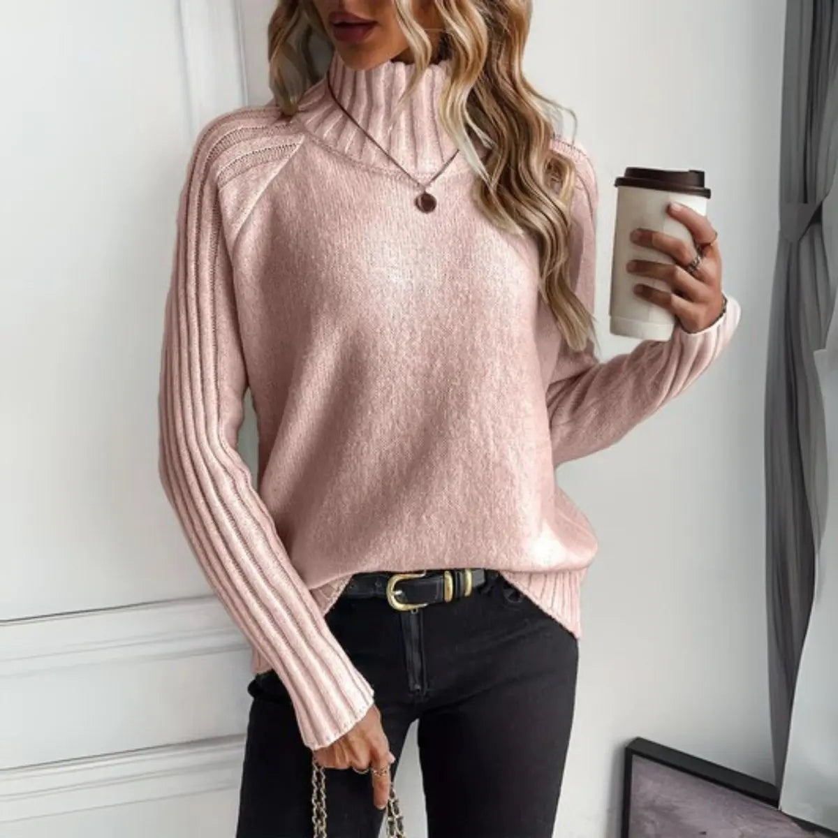 Comfortable Ribbed Knit Sweater for Women with Turtleneck Long Sleeve Relaxed Oversized Style