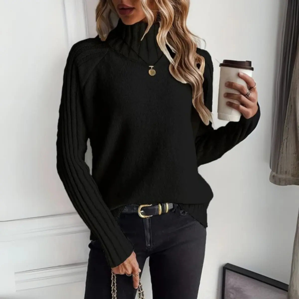 Comfortable Ribbed Knit Sweater for Women with Turtleneck Long Sleeve Relaxed Oversized Style