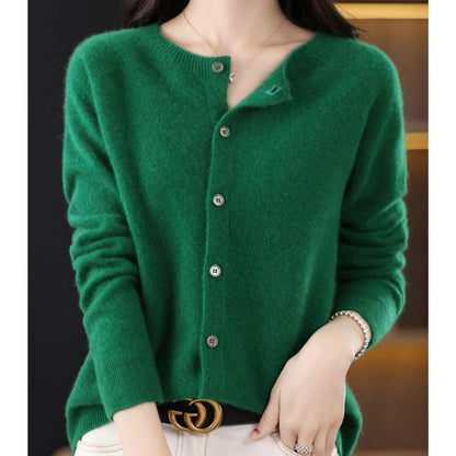 Comfortable Knit Cardigan for Women with Round Neck Long Sleeve Button Front Relaxed Style