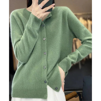 Comfortable Knit Cardigan for Women with Round Neck Long Sleeve Button Front Relaxed Style