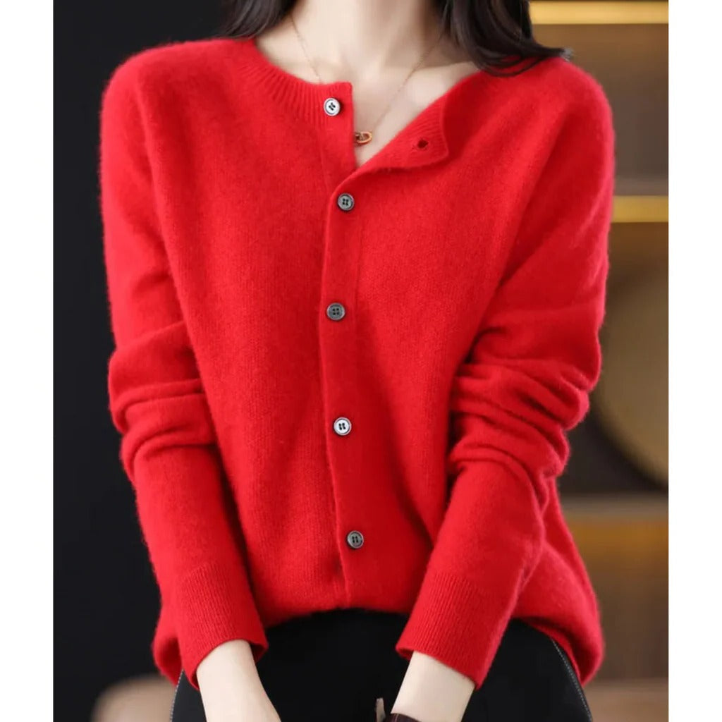 Comfortable Knit Cardigan for Women with Round Neck Long Sleeve Button Front Relaxed Style