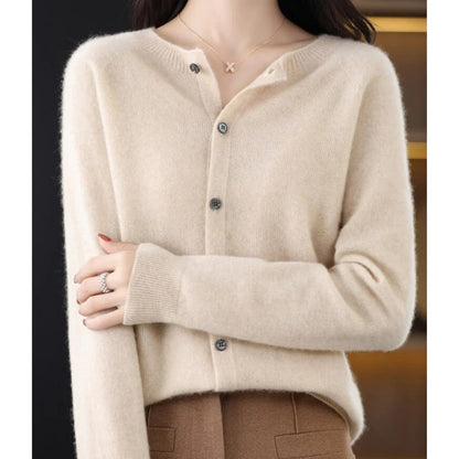 Comfortable Knit Cardigan for Women with Round Neck Long Sleeve Button Front Relaxed Style