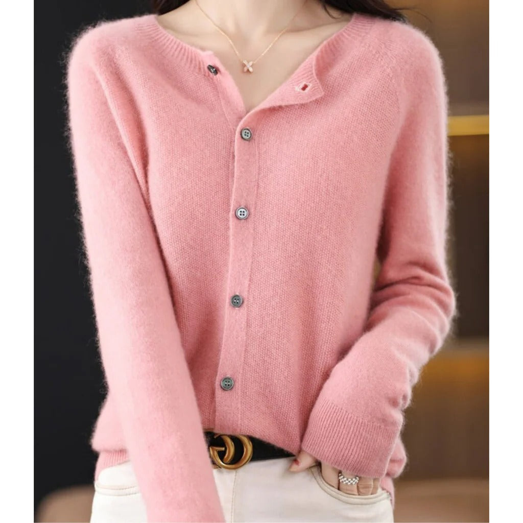 Comfortable Knit Cardigan for Women with Round Neck Long Sleeve Button Front Relaxed Style