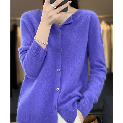 Comfortable Knit Cardigan for Women with Round Neck Long Sleeve Button Front Relaxed Style
