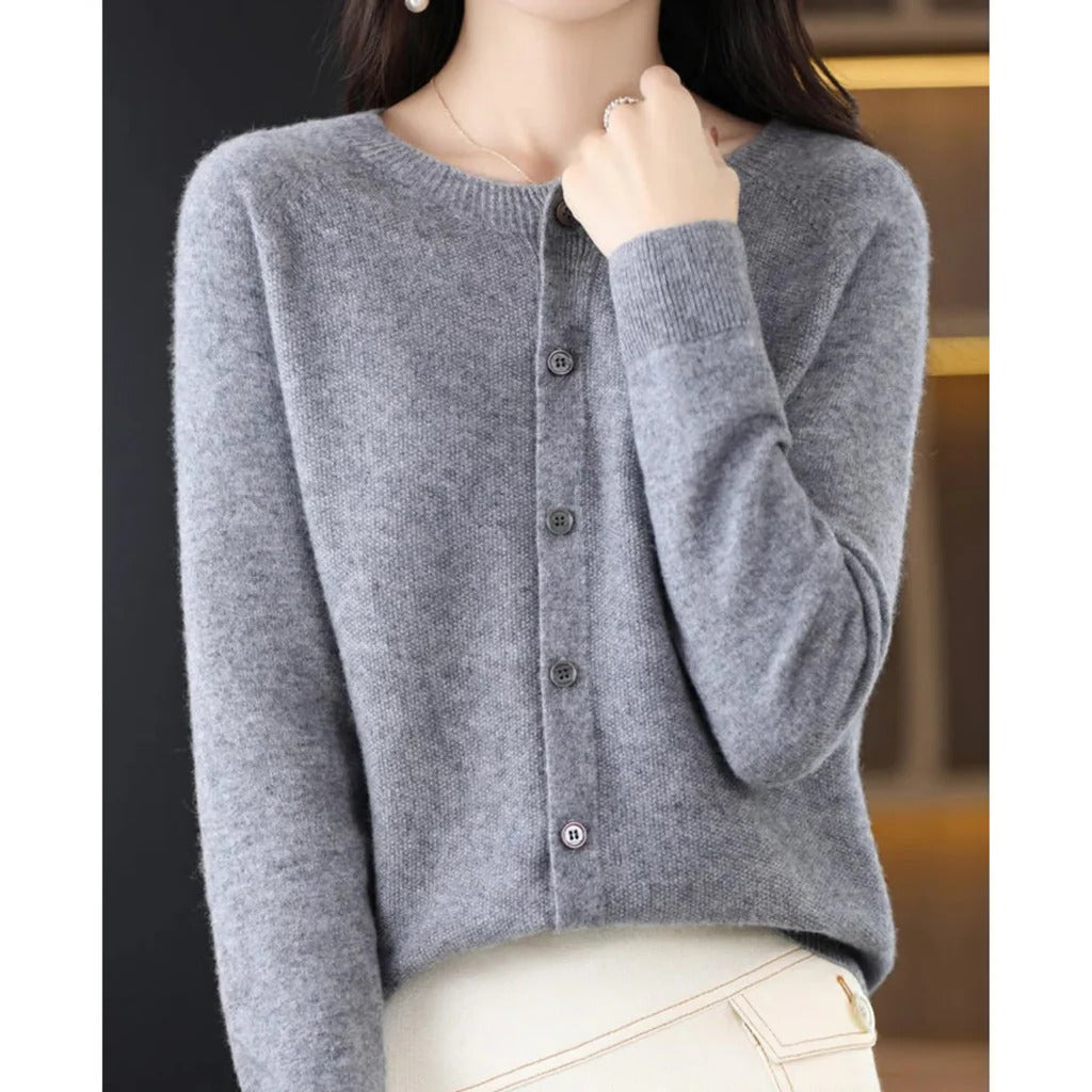 Comfortable Knit Cardigan for Women with Round Neck Long Sleeve Button Front Relaxed Style