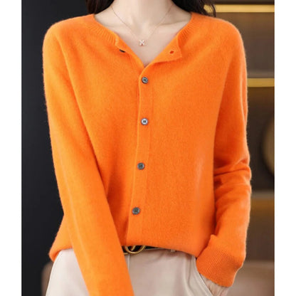 Comfortable Knit Cardigan for Women with Round Neck Long Sleeve Button Front Relaxed Style
