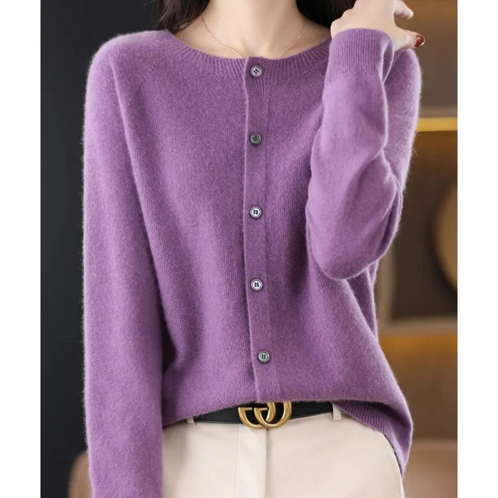 Comfortable Knit Cardigan for Women with Round Neck Long Sleeve Button Front Relaxed Style