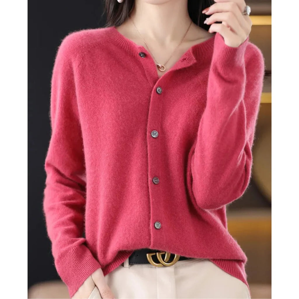 Comfortable Knit Cardigan for Women with Round Neck Long Sleeve Button Front Relaxed Style